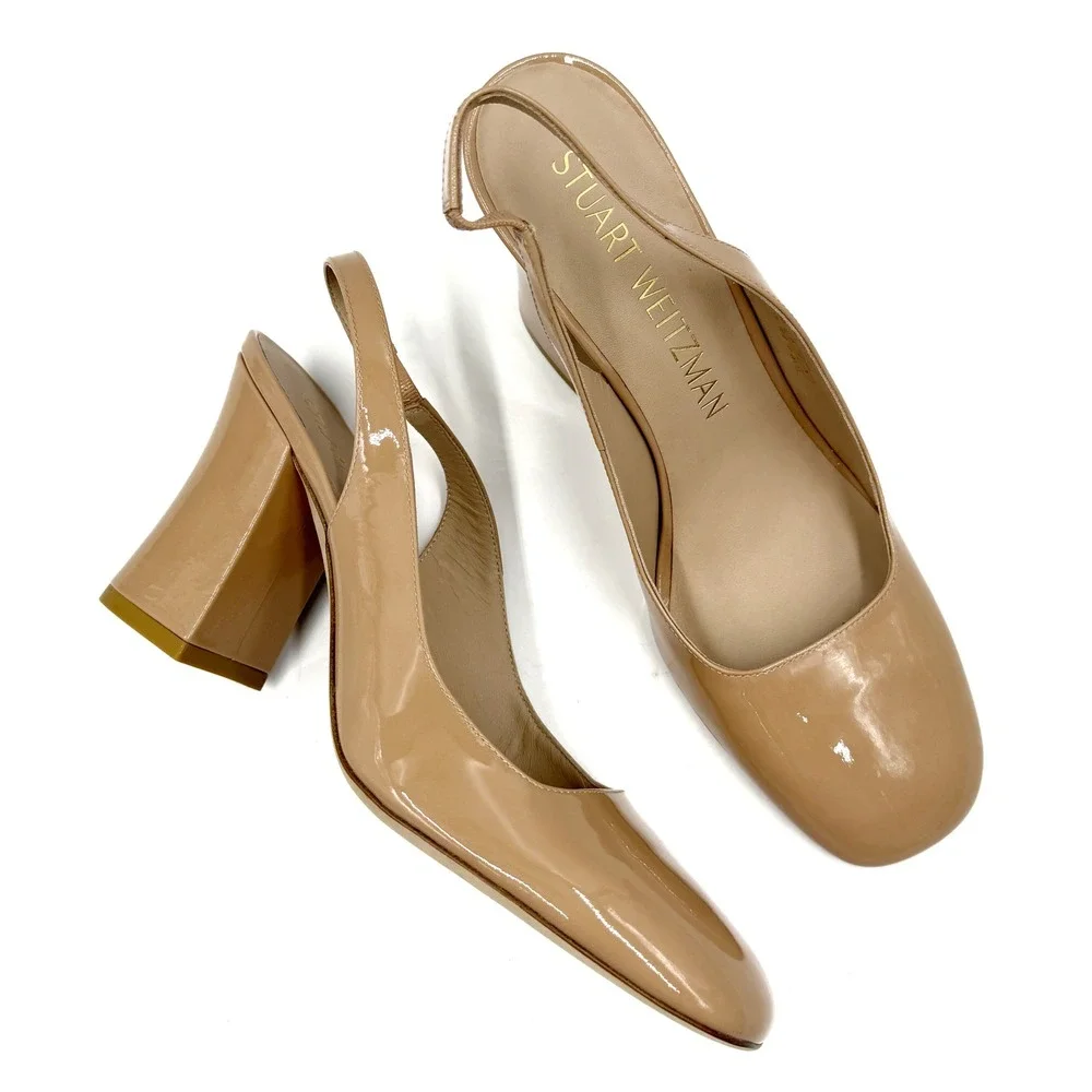 Stuart Weitzman Curveblock 85 Slingback Pumps Beige Patent Leather Heels 10.5